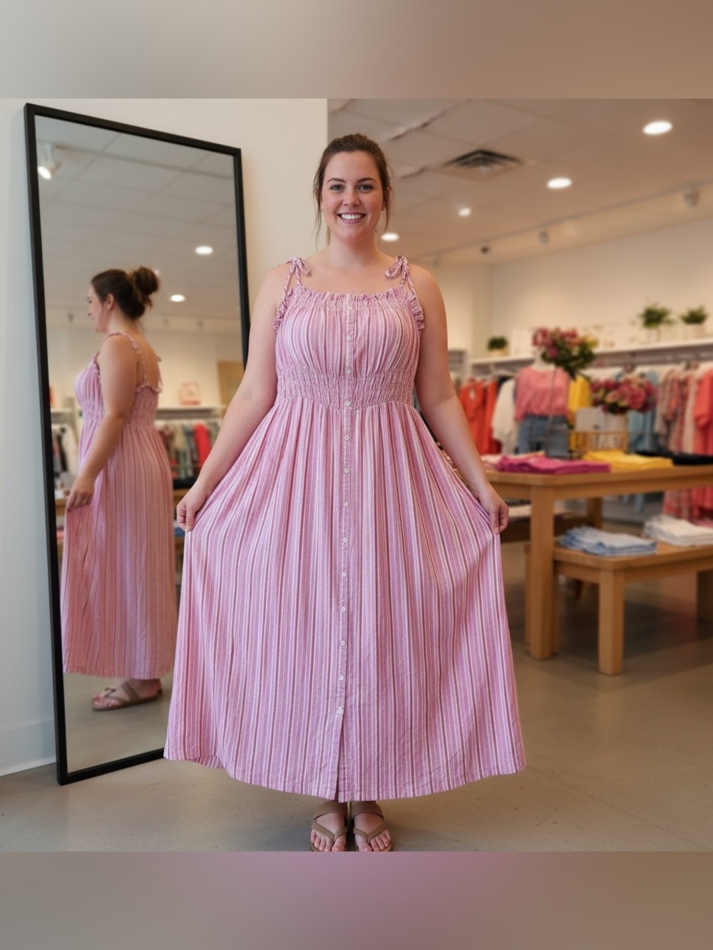 Sonoma Goods For Life Smocked Button-Front Midi Dress in Pink/white stripes